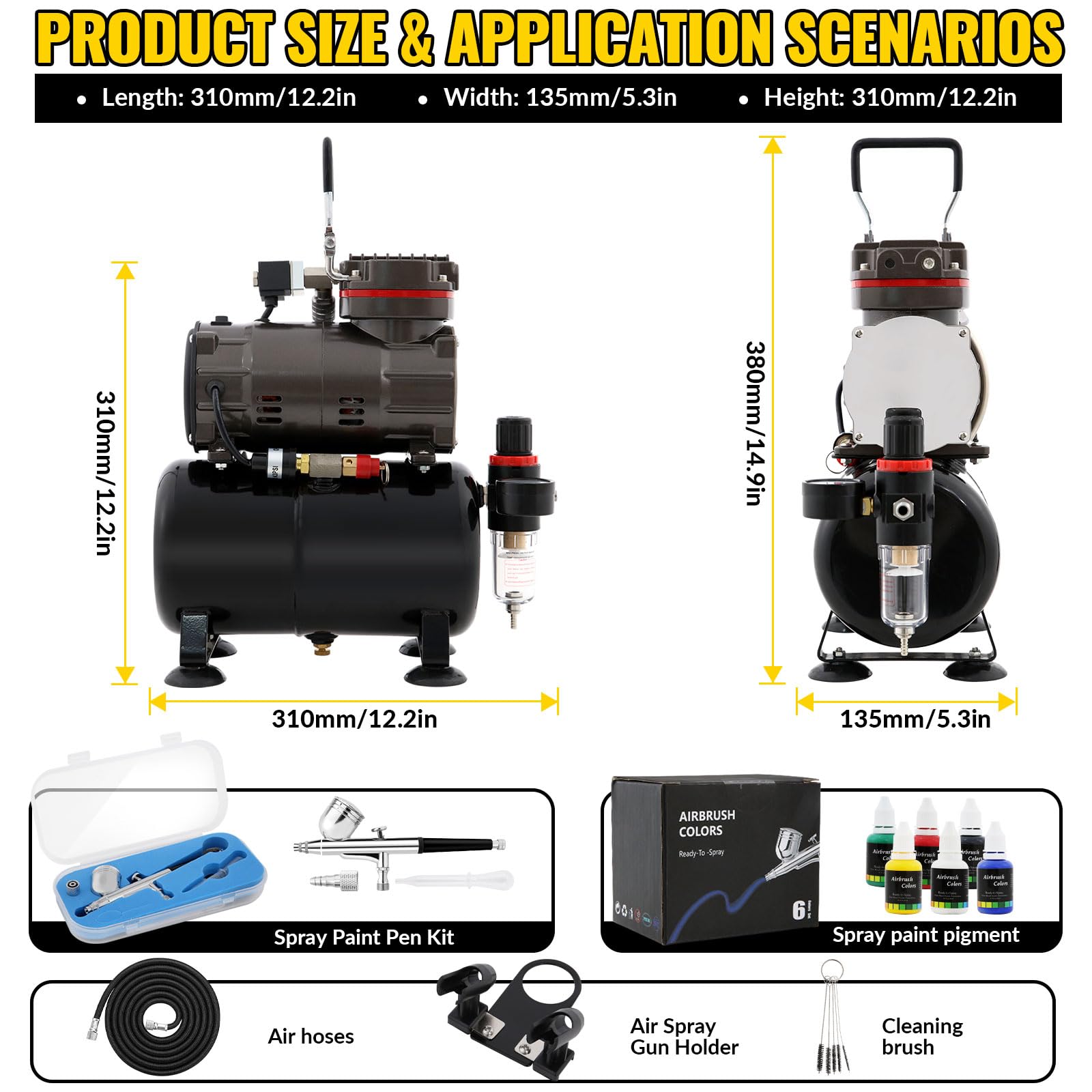 Airbrush-Kompressor mit Lufttank, professionelles Airbrush-Farb-Set mit Manometer, komplette Ausrüstung mit Auto-Stop-Funktion, ideal für Modellbemalung und Nagelkunst