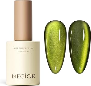 MEGIOR 15ML Aurora Green Cat Eye Gel Nail Polish -Glitter Shade, UV Light Cure with Magnet Effect for Home DIY Manicure
