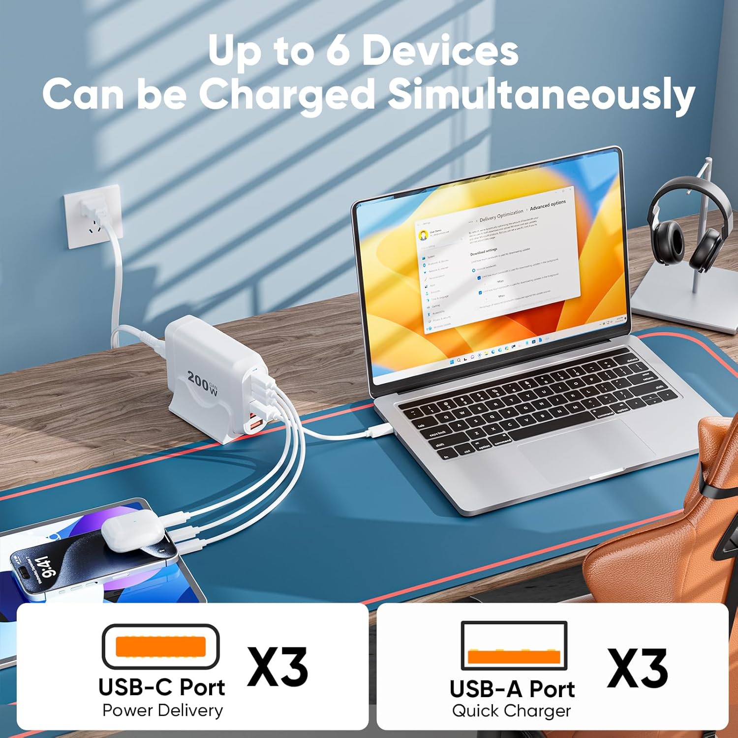 200W USB C Charger Block Multiple Ports, FEMORO GaN III USB Charging Station 6 Ports Hub, Multi Port for Laptop MacBook iPad iPhone 15 Galaxy Google Pixel Motorola Dell AirPods Switch