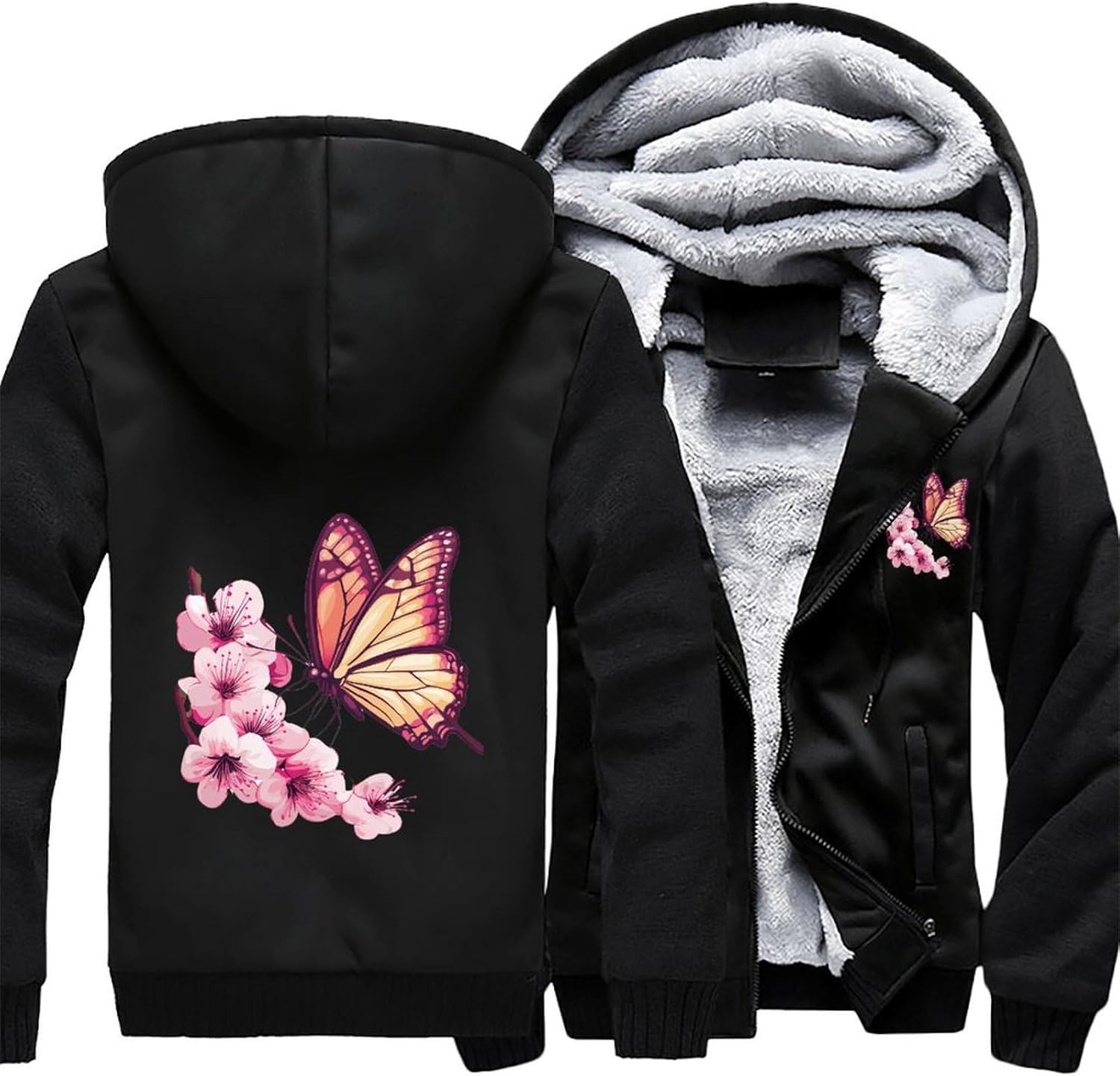 Cherryflowers Butterfly Men's Hoodie Full-Zip Hooded Sweatshirt Fleece Jacket Coat Winter Warm Clothing