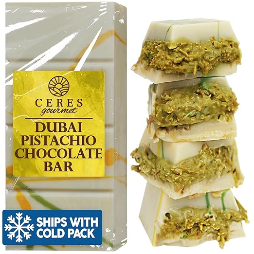 Ceres Gourmet Dubai Chocolate Bar Pistachio 3.5 Oz with White Chocolate Knafeh, Perfectly Portioned Packaging Dubai Chocolate, Premium Kunafa Chocolate Bars (3.5 Oz, White Chocolate)
