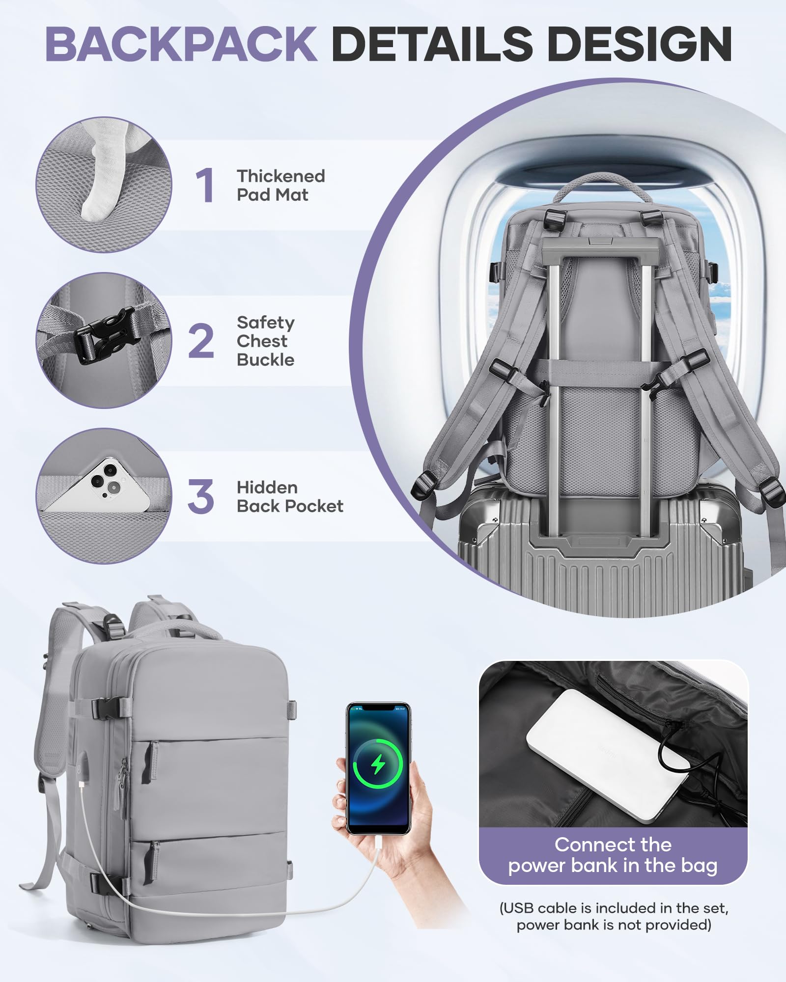 BJLFS Borse da Cabina per Ryanair 40x30x20 Zaino Wizzair Sottovuoto da viaggio 40x20x25 Bagaglio a Mano con compressione sottovuoto,Zaino Easyjet 45x36x20,Zaini Casual per laptop da 14 pollici