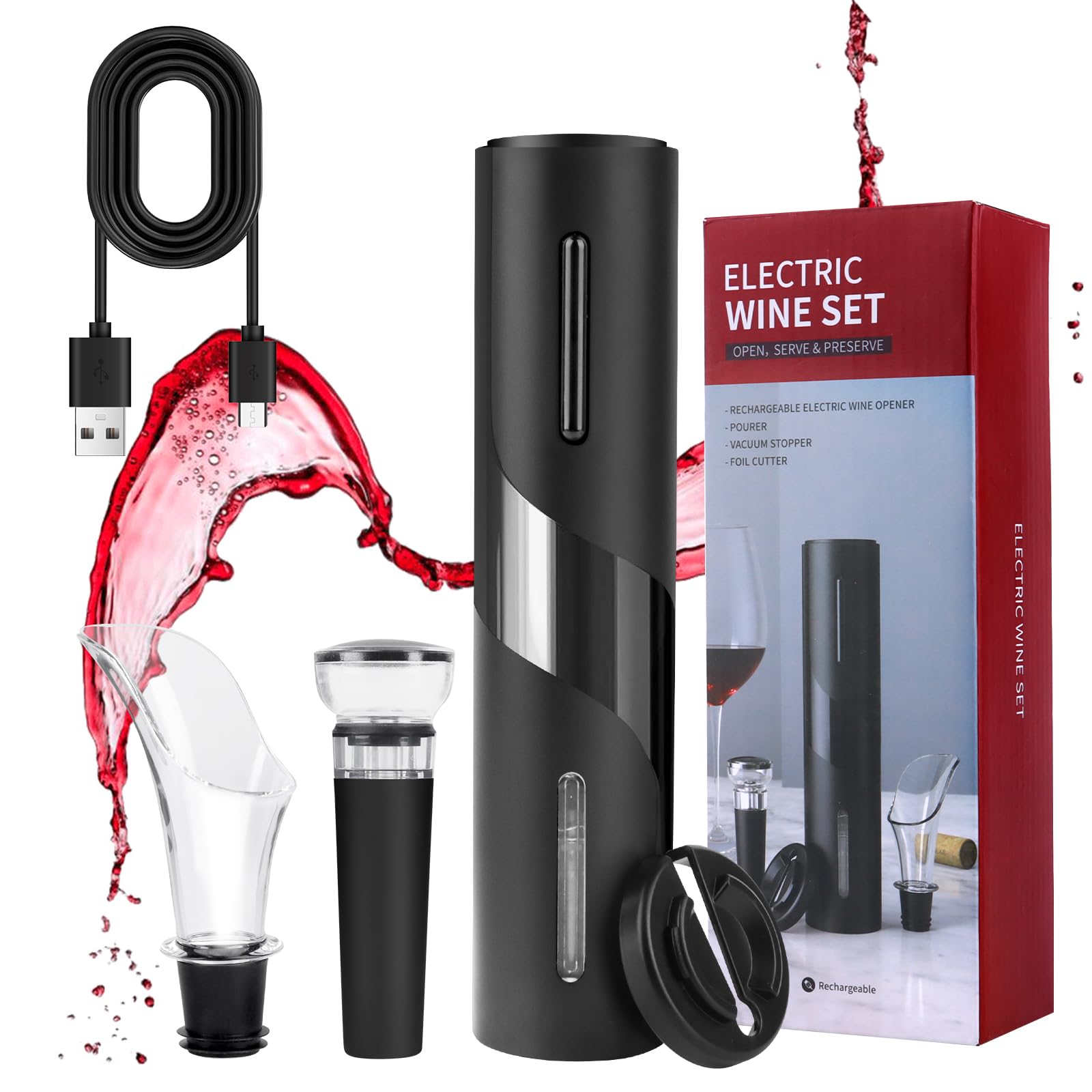 Cavatappi Elettrico Per Vino - Set 5 In 1 Con Tagliacapsule, Versatore E Tappo Sottovuoto - Foto 5