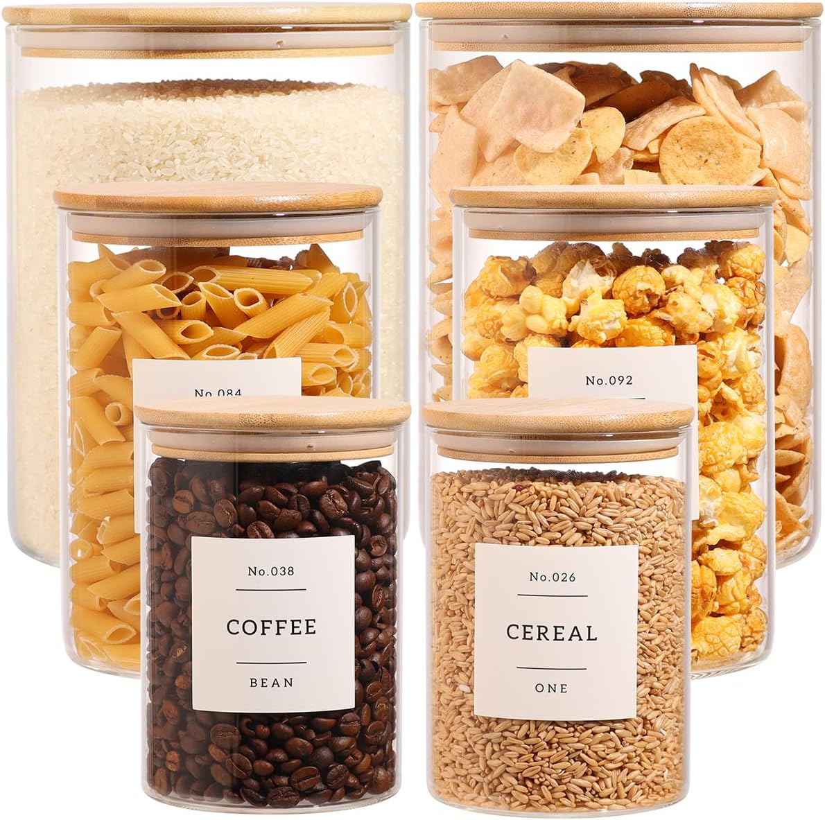6-Pack Borosilicate Glass Storage Jars with Bamboo Lids + 132 Pre-Printed Pantry Labels Included, BPA-Free Thicken Airtight Containers for Flour, Sugar, Rice, Microwave & Freezer Safe(100OZ/54OZ/27OZ) 6-Pack Borosilicate Glass Storage Jars with Bamboo Lids + 132 Pre-Printed Pantry Labels Included, BPA-Free Thicken Airtight Containers for Flour, Sugar, Rice, Microwave & Freezer Safe(100OZ/54OZ/27OZ)