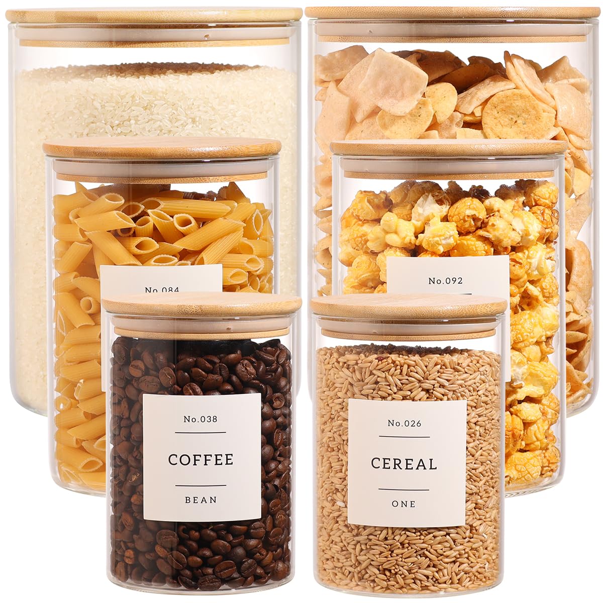 6-Pack Borosilicate Glass Storage Jars with Bamboo Lids + 132 Pre-Printed Pantry Labels Included, BPA-Free Thicken Airtight Containers for Flour, Sugar, Rice, Microwave Freezer Safe(100OZ/54OZ/27OZ)