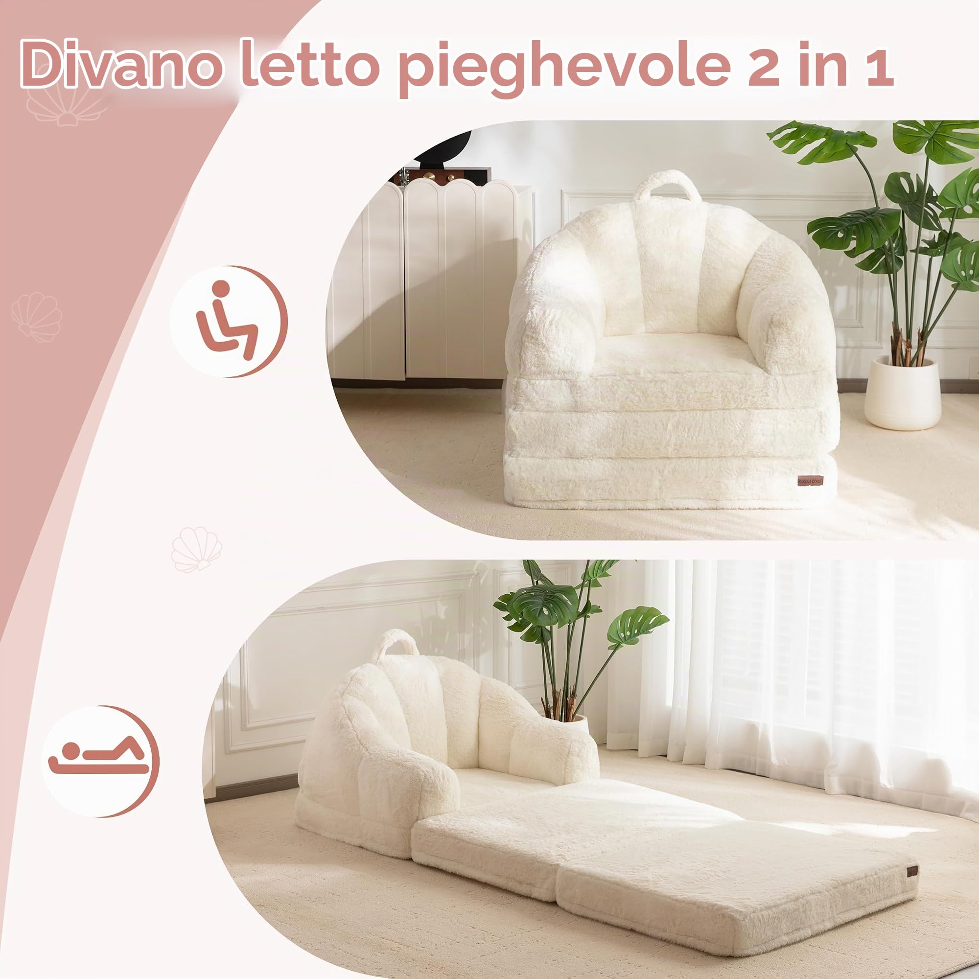 MAXYOYO Divano Letto Pieghevole, Comodo Tessuto in Pelliccia Sintetica, Divano Trasformabile con Maniglia, Poltrona a Sacco Singola per Adulti, Poltrona Letto per Soggiorno e Camera da Letto