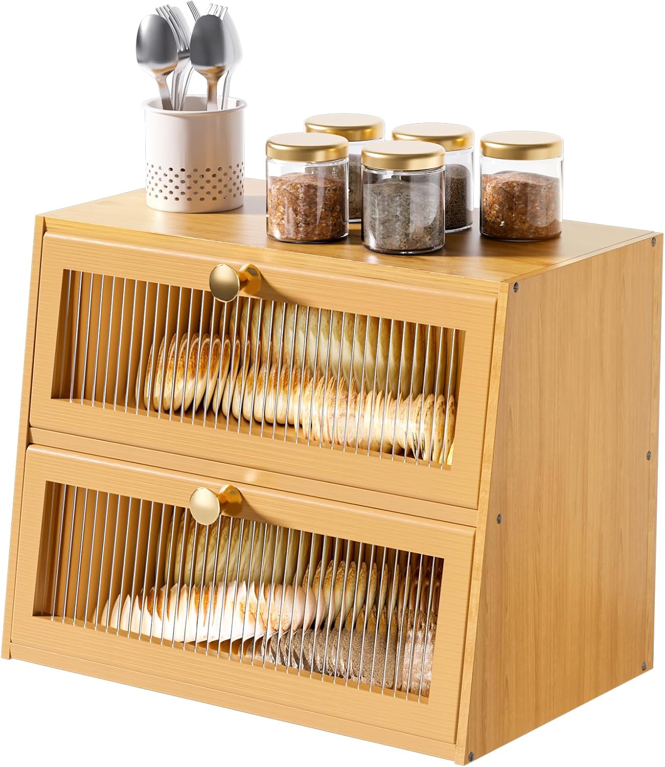 Large Double Layer Bamboo Bread Box for Kitchen Countertop,Bread Storage Container Farmhouse BreadBox Bread Holder Bin (Natural bamboo)