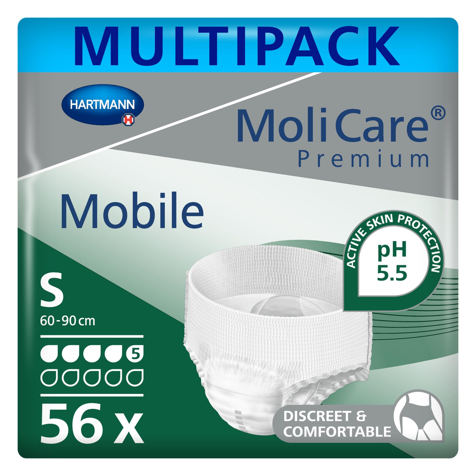 MoliCare Premium Mobile 5 Drops | Disposable Incontinence Pants: for Women and Men with Incontinence | Size S | 24-35 inches | 4 Packs of 14 Pairs (56 Pieces)