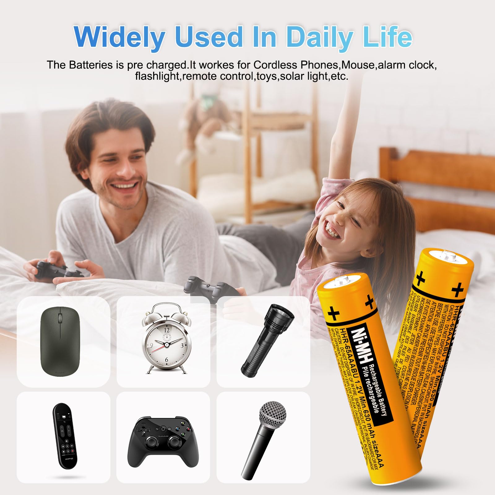HHR-65AAABU Lot de 4 piles rechargeables NI-MH AAA 630 mAh 1,2 V pour téléphones sans fil Panasonic Gigaset BT