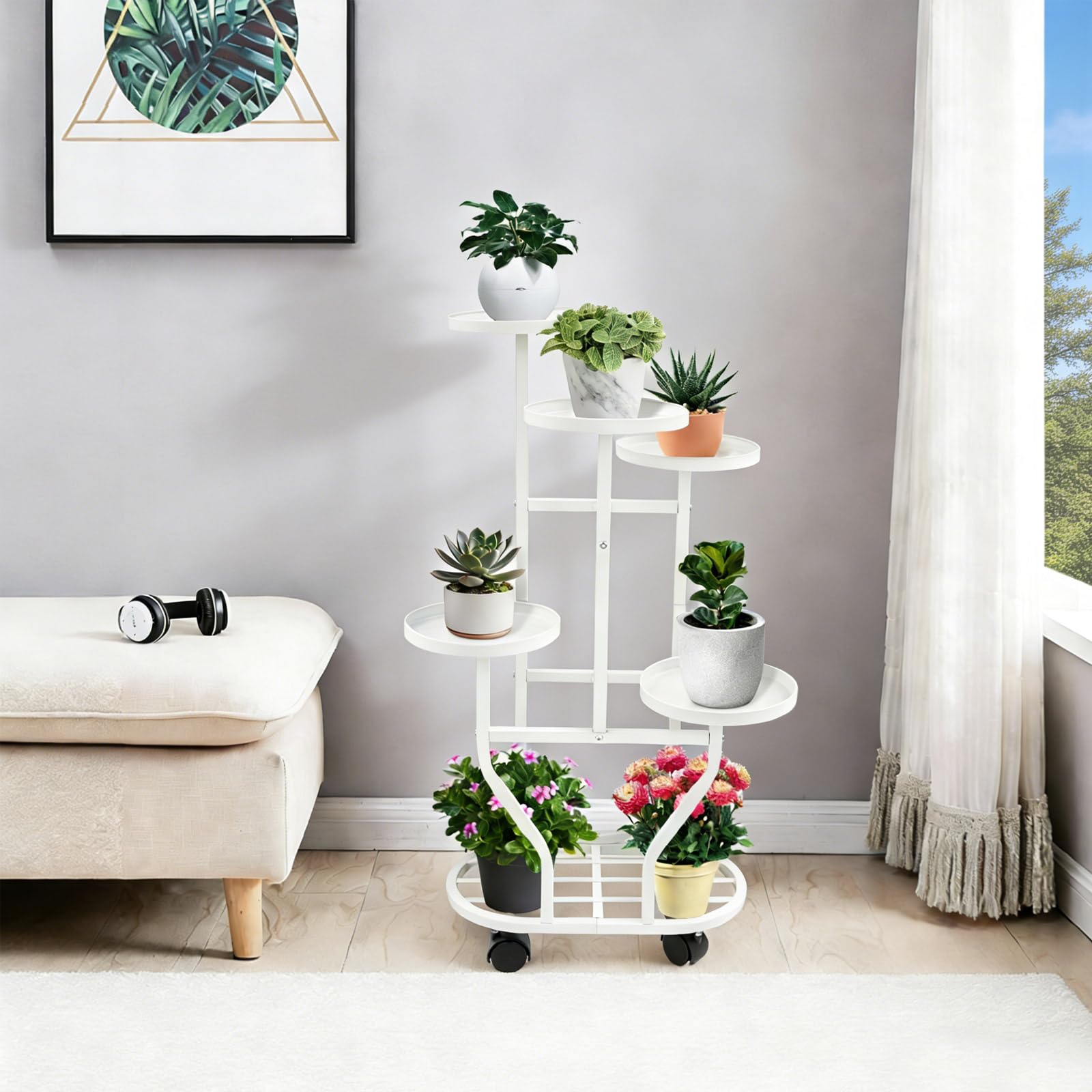 Soporte para plantas con 5 niveles de hierro sobre ruedas para