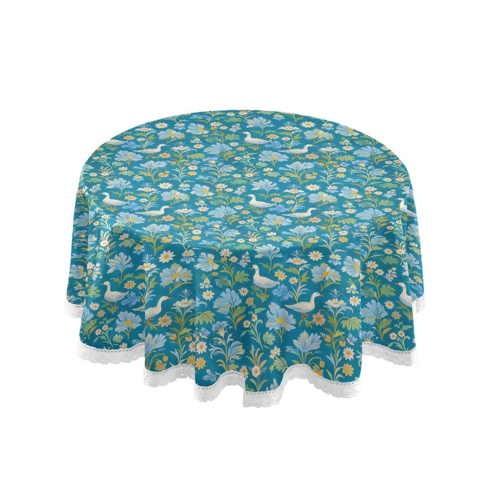 Nappe en dentelle polyester bleu sarcelle et or 152 cm avec motif floral rétro de prestige