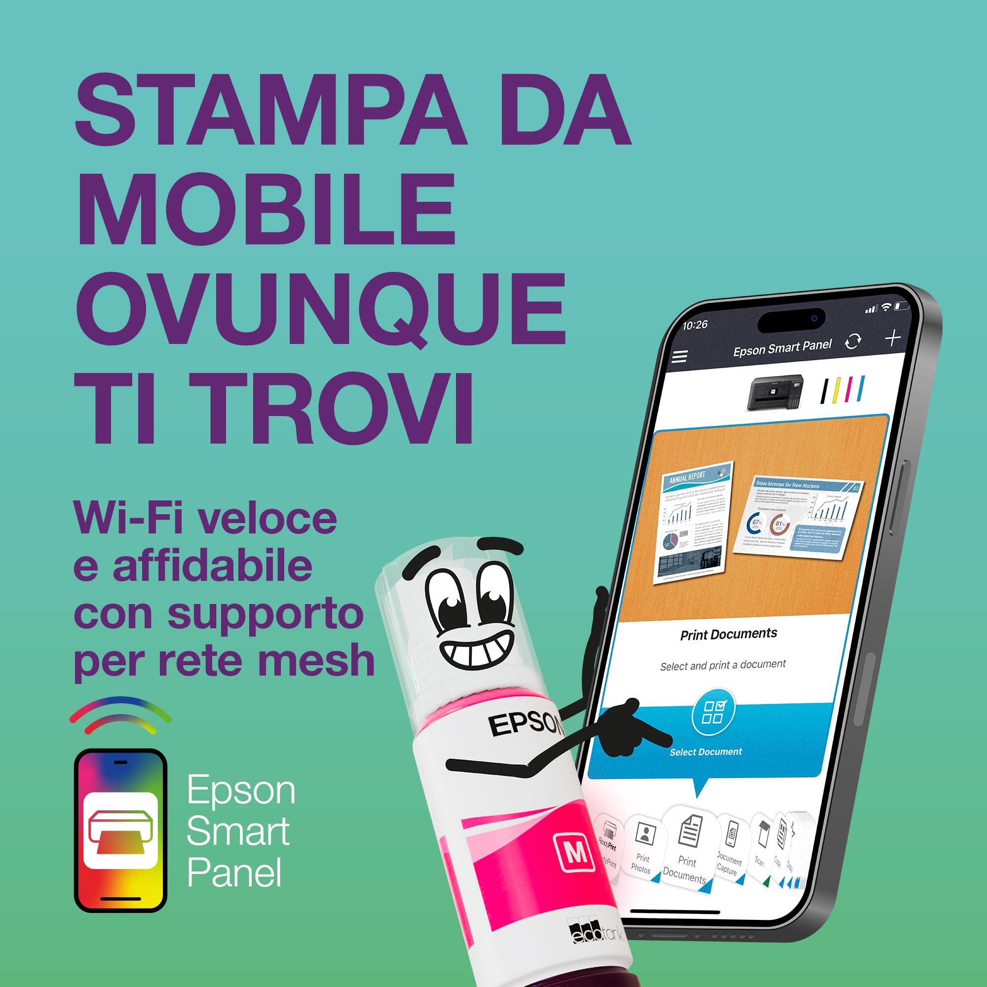 Epson EcoTank ET-4900 | Wi-Fi ed Ethernet | A4 | Stampa, copia, scansione, fax | Display LCD | Alimentatore automatico di documenti da 30 pagine | Compatta | Fino a 3 anni di inchiostro inclusi