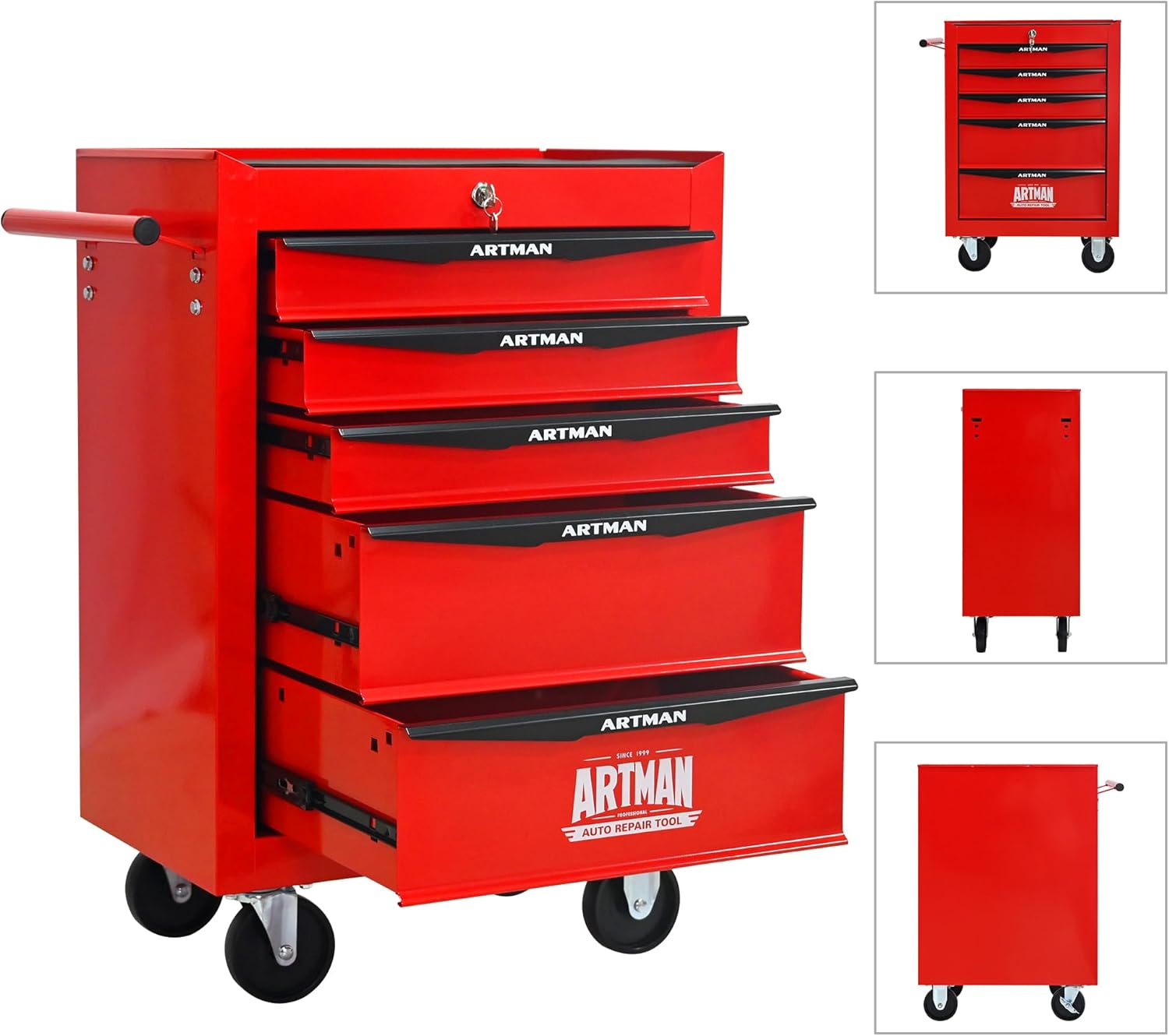 Rolling Tool Chest with 5 Drawers Ball Bearing Drawer Slides Smooth Wheels Lockable 20" L 13" W 30" H Metal Tools Chest Cabinet Storage Organizer, Red
