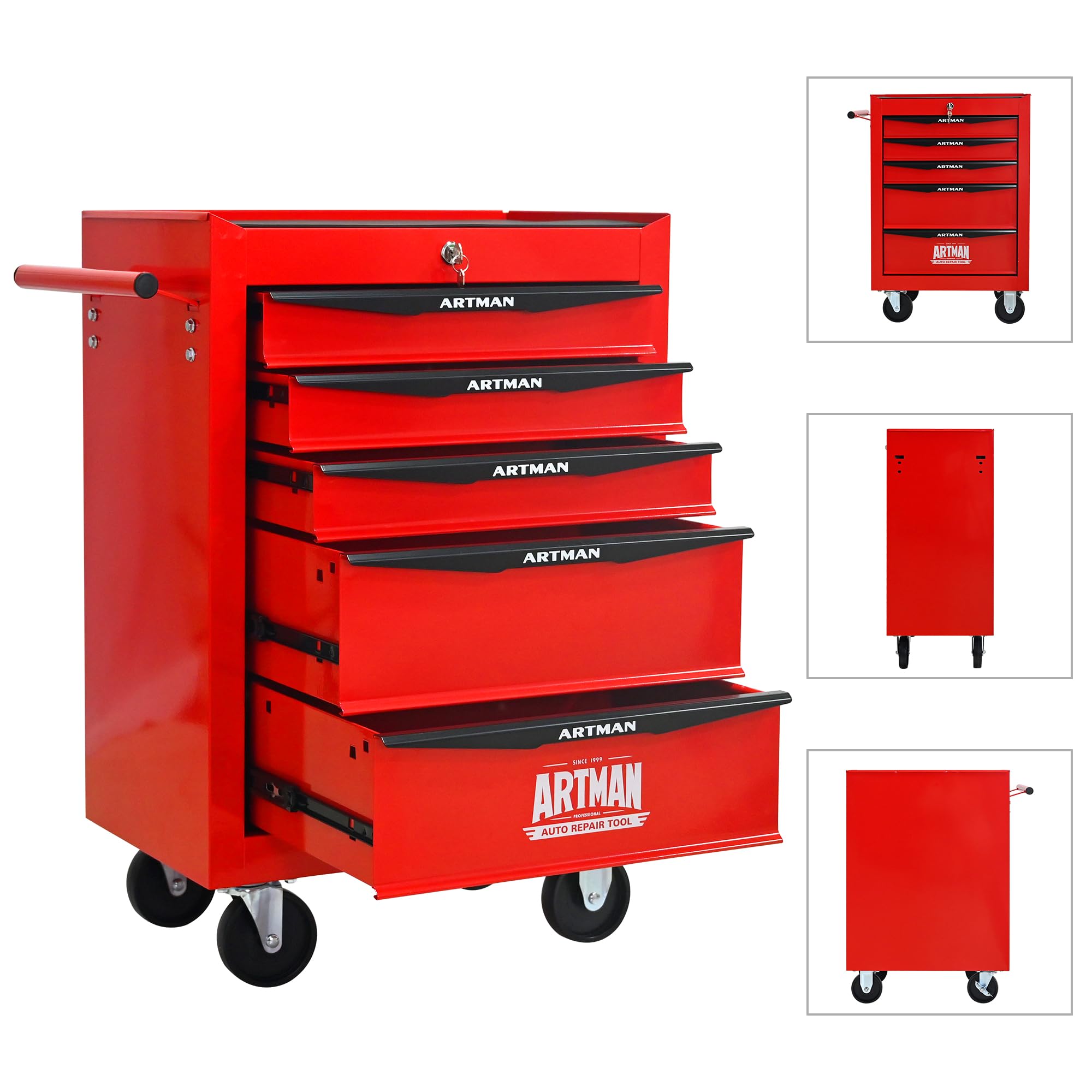 Generisch Carrello portautensili a 5 cassetti con ruote, mobile con cassetti con cuscinetti a sfera, robusta cassetta degli attrezzi in acciaio rosso/nero per garage e officina