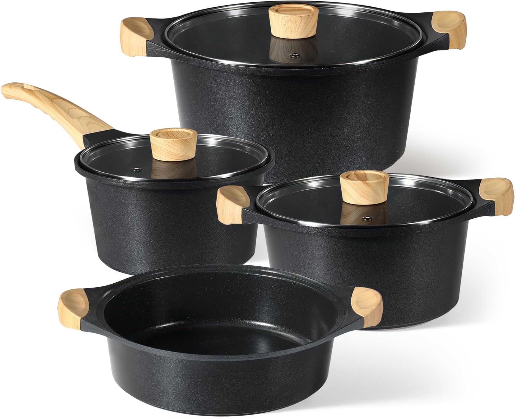 CAROTE 7pcs Pots and Pans Set Nonstick, Induction Cookware Set, Non-toxic Healthy Non Stick Cooking Set, Black