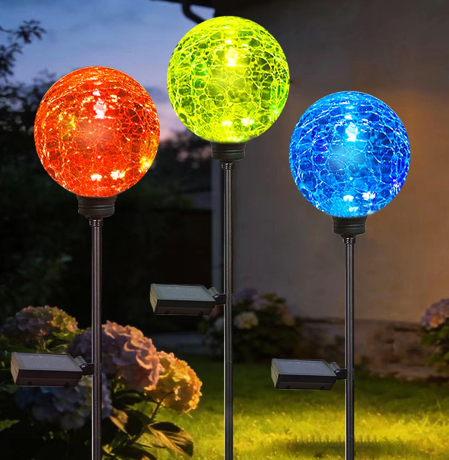 Luci solari da giardino per esterni, confezione da 3 luci a globo solare multicolore che cambiano colore, impermeabili, decorative per cortile, luci da giardino alimentate a sfera in vetro per