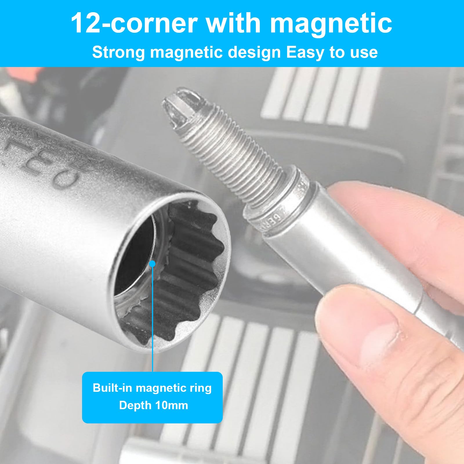 WORKPRO Bougiesleutel 14 mm, 3/8 aandrijving Dunwandige bougiestekker, 12-punts draaibare bougiestekker, universeel magnetisch flexibel verwijderingsgereedschap, voor autoreparaties