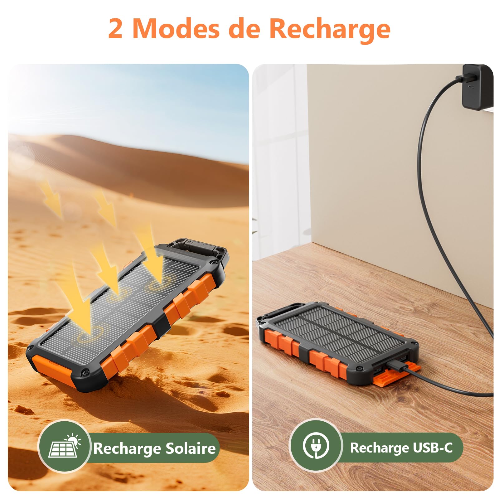 Batterie Externe Solaire 10000mAh, PD22.5W Chargeur Solaire Power Bank Portable USB C 3A Charge Rapide avec 3 Ports, Câbles et Lampe pour Smartphone, Tablette, Camping et Plus