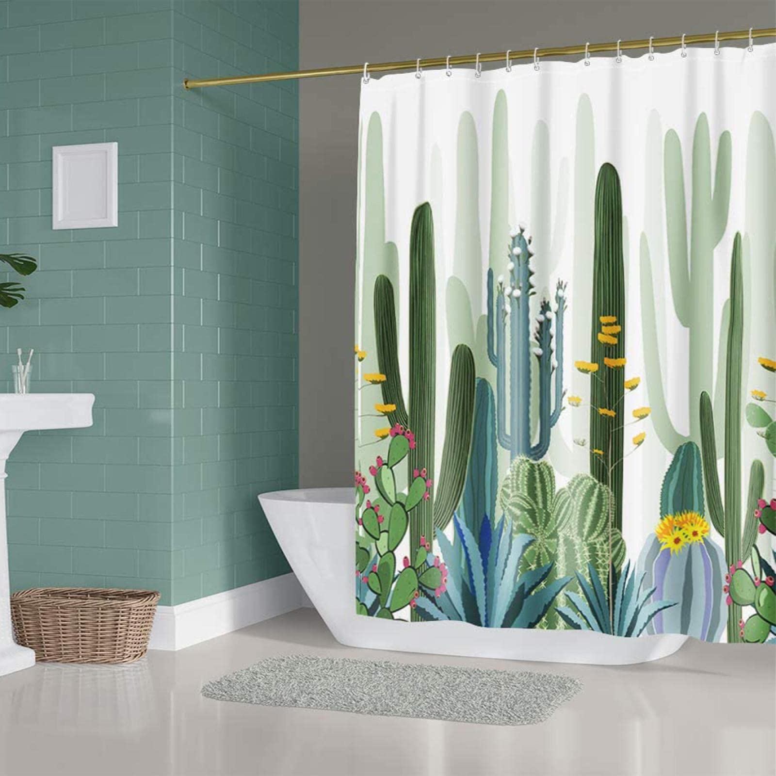 LB Tenda Doccia In Poliestere Con Cactus Verde E Montagna Al Tramonto, 120x175 Cm, Impermeabile E Antimuffa, Con 8 Ganci Inclusi, Decorazione Bagno Paesaggio Naturale - 2