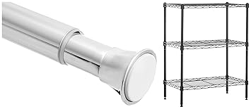 Amazonbasics Height Adjustable 3-Shelves Heavy Duty Rack - Black (Steel, Black Coated Chrome Finish) & AmazonBasics Shower Adjustable -Length Curtain Tension Rod - 24-36