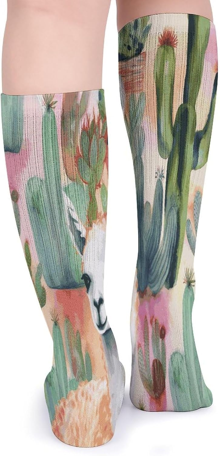 White Alpaca Watercolor Painting And Cactus Knee High Socks Cozy Knee High Socks Soft Mid-Length Sock for All Seasons Daily Wear Adult