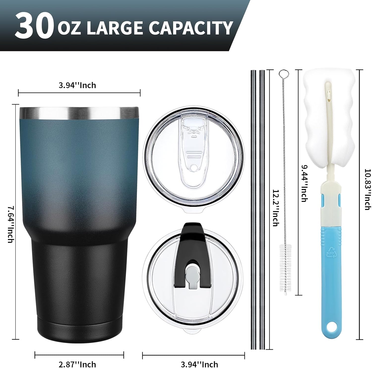 30 oz Tumbler with Lids and Straws, Stainless Steel Insulated Coffee Tumbler, Double Wall Vacuum Insulated Travel Mug Cup, Leakproof Thermal Coffee Cup for Hot and Cold Drinks (Blue Black) - Image 2