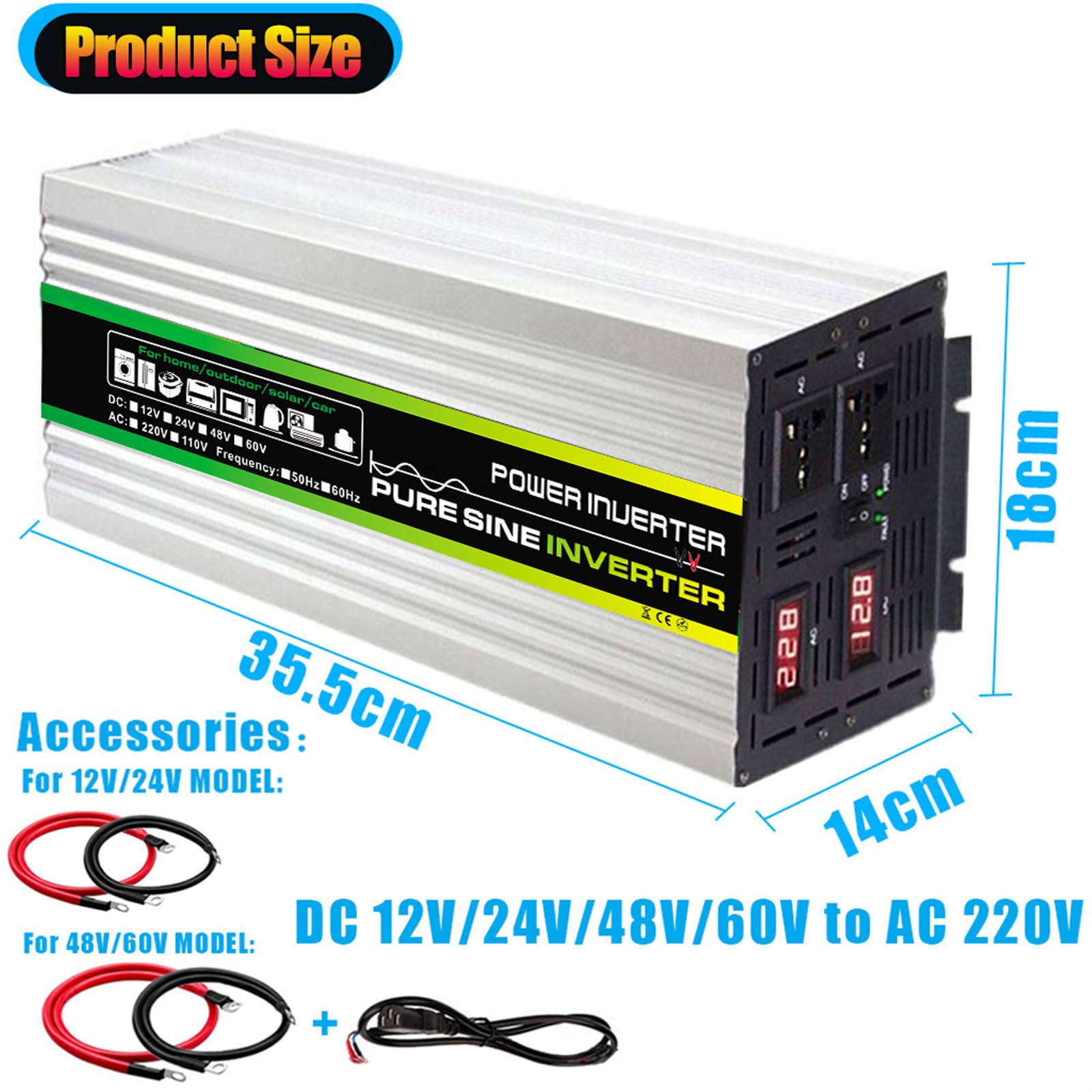 Falownik 3000W Przetwornice Samochodowe Do Pojazdów Ciężarówka Z Portem ładowania USB,Przetwornica 12V/24V/48V/60V Na 220V Przetwornica Z Gniazdami Prądu Przemiennego Inwerter(Size:60V)