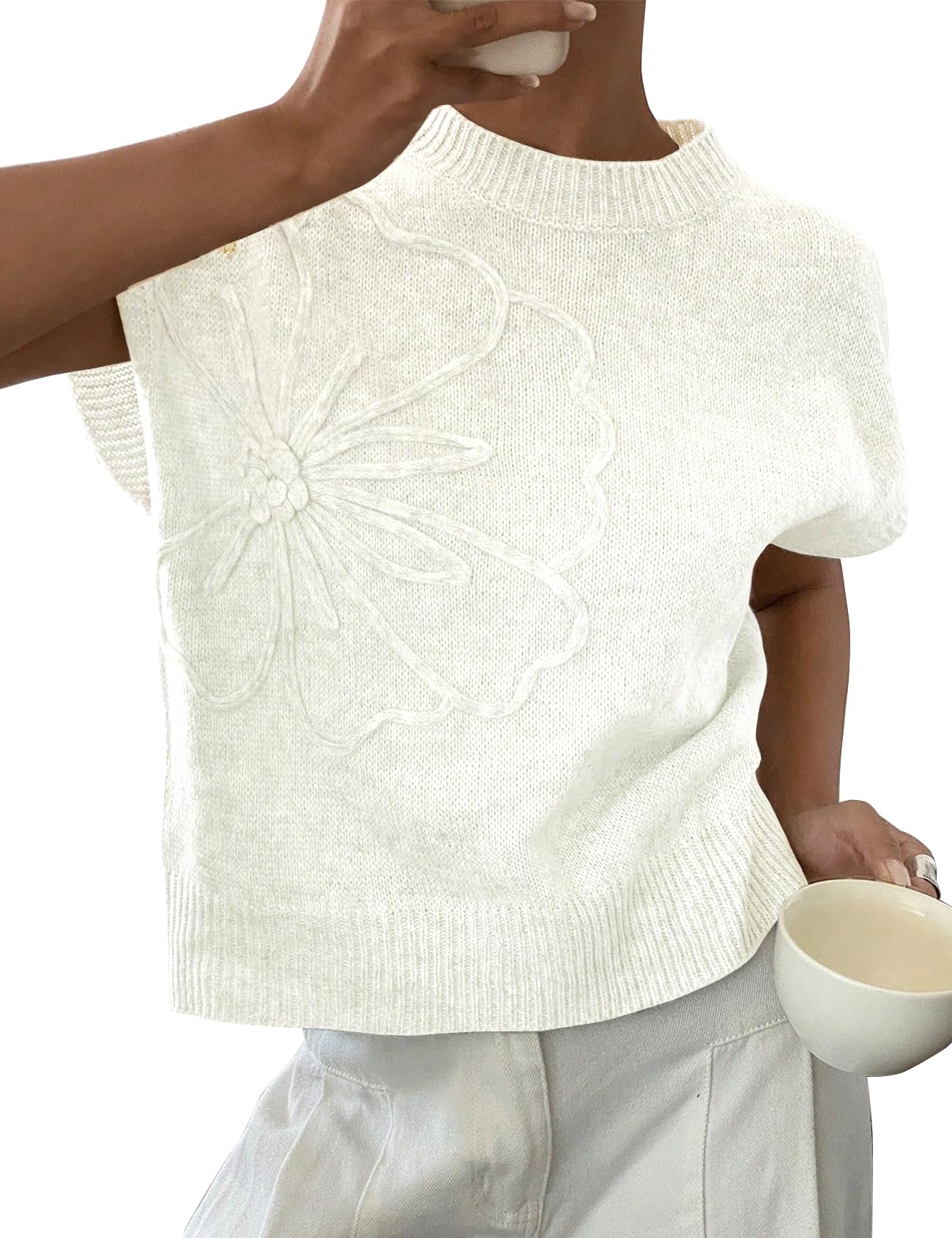 bqdcqb Womens Floral Sweater Vest Cute Cap Sleeve Tops 3D Flower Decor Knit Tank Top Loose Spring Fall Summer Clothes 2026-picture-34