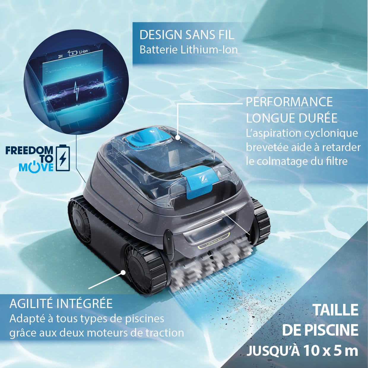 Zodiac Freedom CNX-Li 52 IQ Robot Piscine sans Fil, jusqu'à 10x5m, nettoie Fond, parois et Ligne d'eau. Batterie Lithium, Station de Charge, Filtration Fine et connectivité app iAqualink
