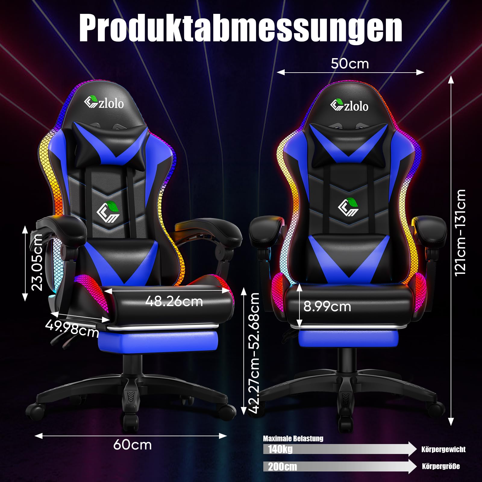 Czlolo Gaming Stuhl, RGB LED-Licht Gaming Sessel mit Fußstützen, Ergonomische Bürostuhl, Gaming PC Chair für Erwachsene und Kinder, Computer Stuhl mit Kopfstütze und Massge, Höhenverstellbar, Blau