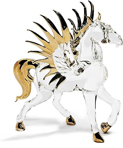 WitnyStore 5 Long Standing Pegasus Blown Glass Figurine Horse Miniature Crystal Clear Color Fantasy Animals Collectibles Myth Creatures flamework