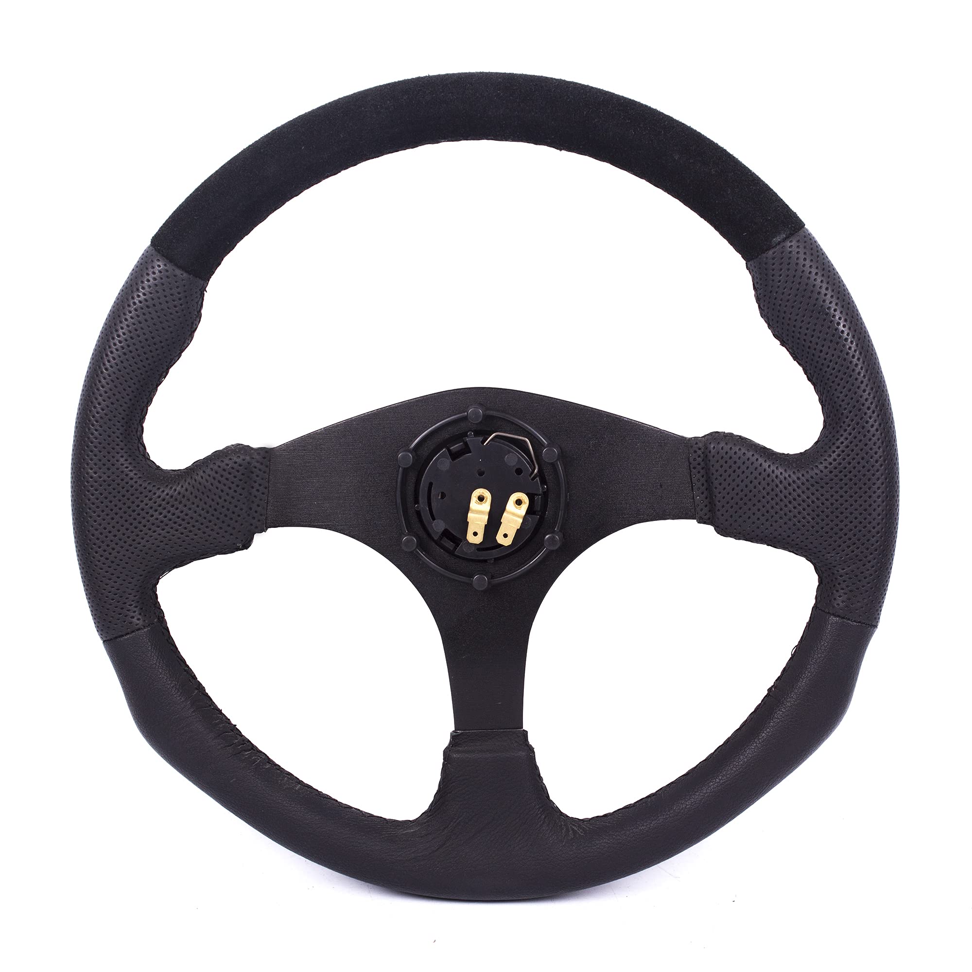 MODAUTO Volante Deportivo Universal, Volante Plano, de Piel y Terciopelo, Diámetro 350mm, Modelo G009, Negro con Costura Negra