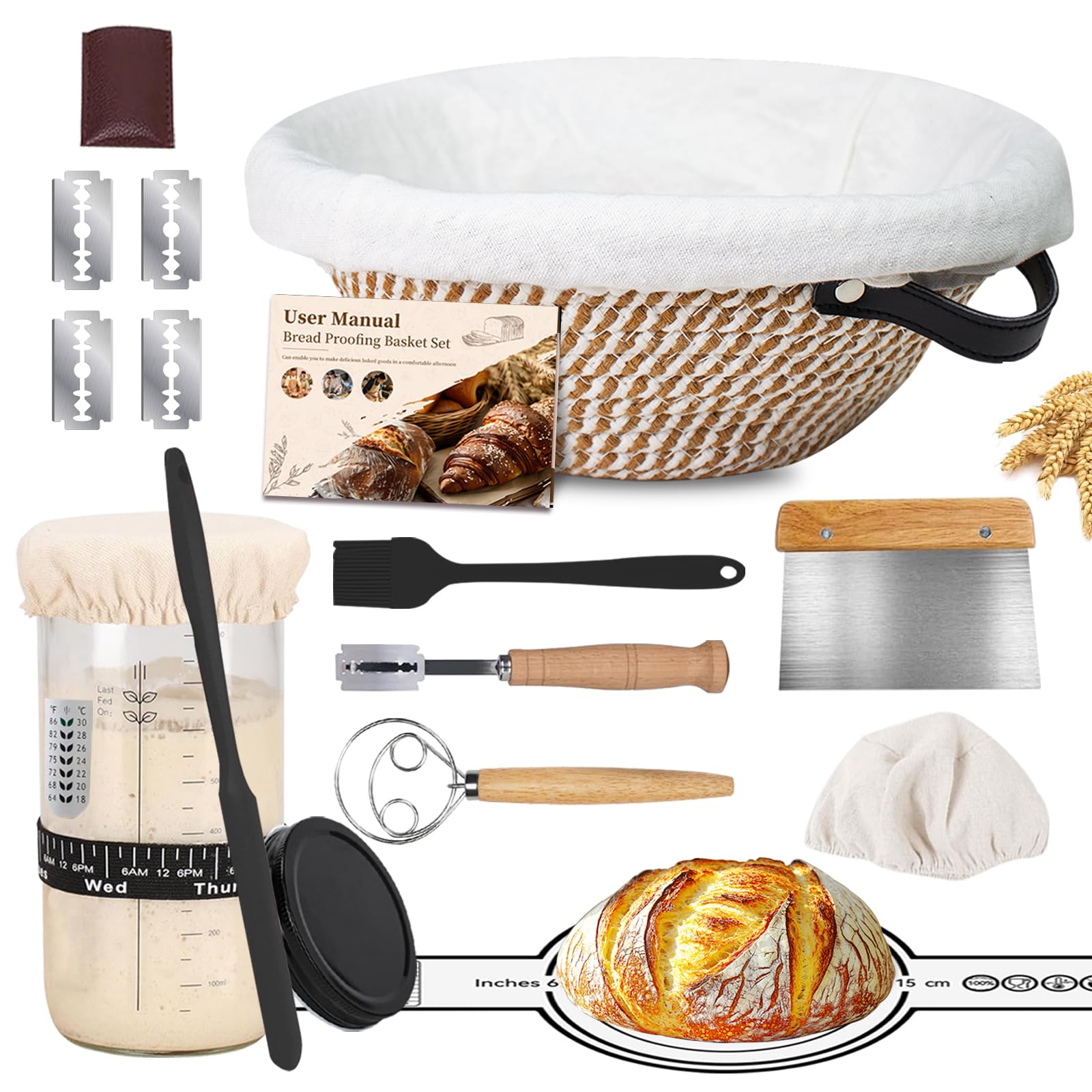 Sauerteig Starter Set, 700ml Sauerteig Glas, Baumwollseil Runde Gärkörbchen für Brot Gärkorb Brot mit Liner & Abdeckungen, Geschenk für Bäcker & Complete Sauerteig Brot backen Set