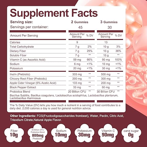 Miniatura 2 de Gomitas de fibra con probióticos, 0.35 onzas de fibra por porción, sin azúcar añadido, con mezcla de probióticos de 10 mil millones de UFC, vinagre