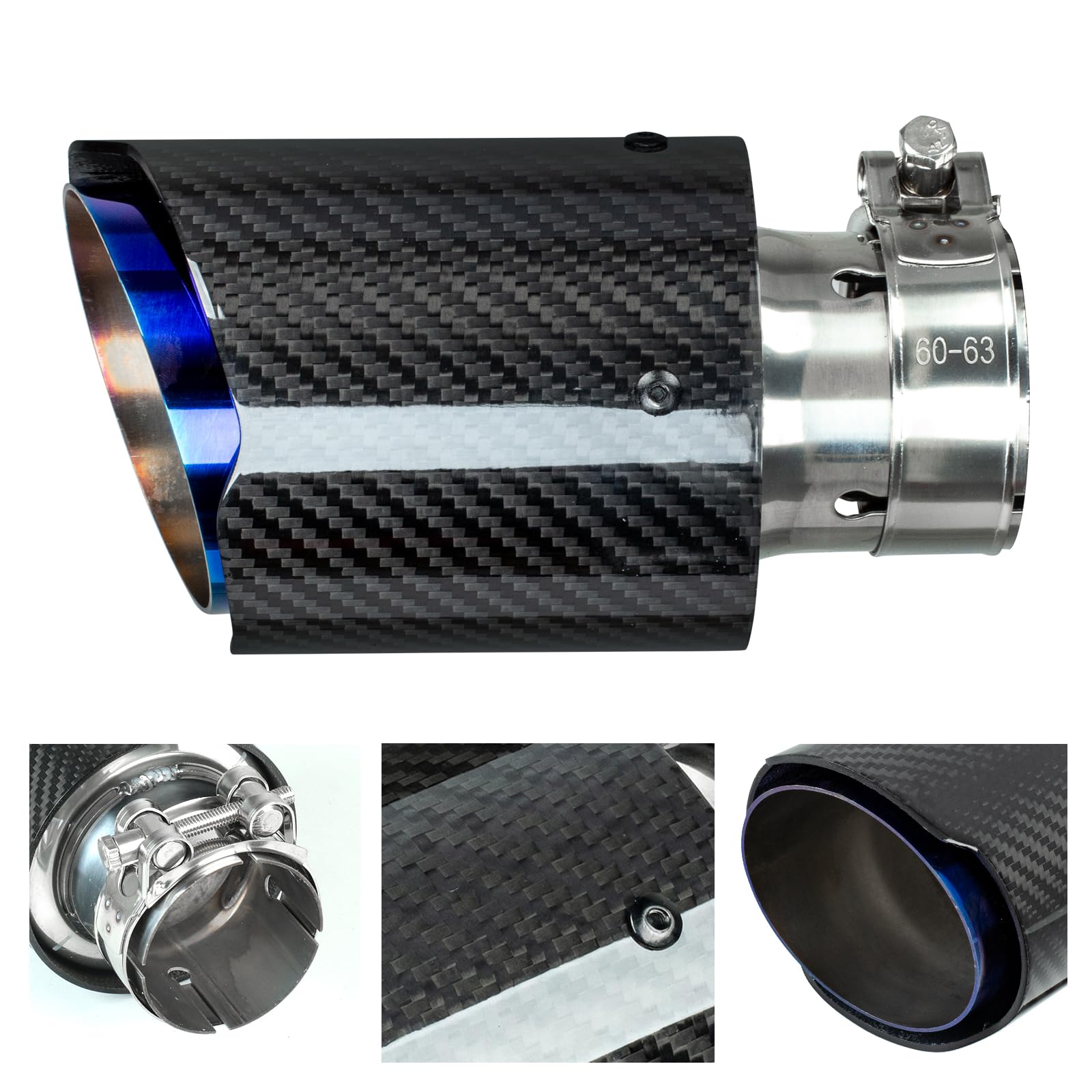 Catekro 60mm Terminale Scarico Auto Universale, 6,6 Pollici di Lunghezza Uscita Scarico in Acciaio Inox 304 & Fibra di Carbonio Tubo Terminale Marmitta Sportivo Fissare con Bulloni Chiave (Blu Nero)