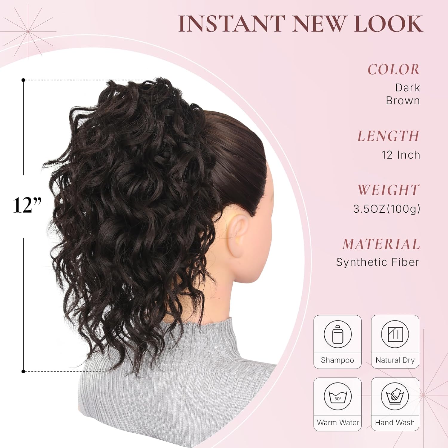 12 Inch Dark Brown Ponytail Extension - Soft Curly Pony Tails Hair Extensions, Claw Clip Ponytail Extension, Short Synthetic Hair Pieces for Women (Color: Dark Brown) - Image 2