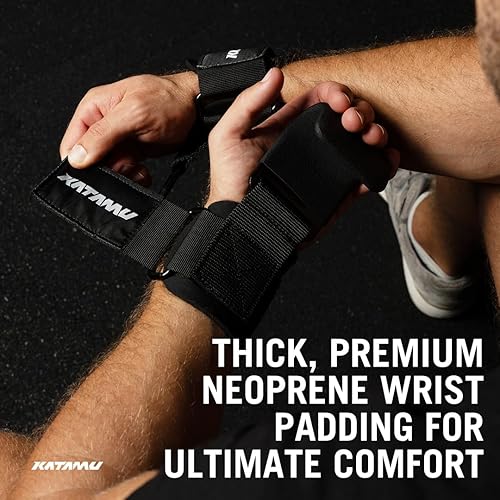 Miniatura 5 de Katamu  Ganchos para levantamiento de pesas (par), correas de muñeca de alta resistencia, soporte de agarre de mano para peso muerto, dominadas,