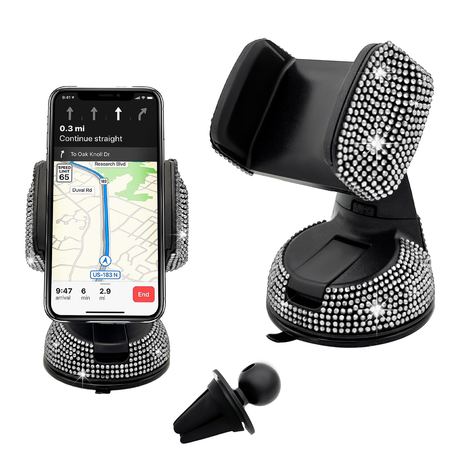 Phone Holder for Car, 360° Rotatable Sparkling Diamond Phone Mount with Suction Cup Base, Rhinestone Phone Holder for Dashboard Air Vent Windshield, Universal Car Accessories (White)