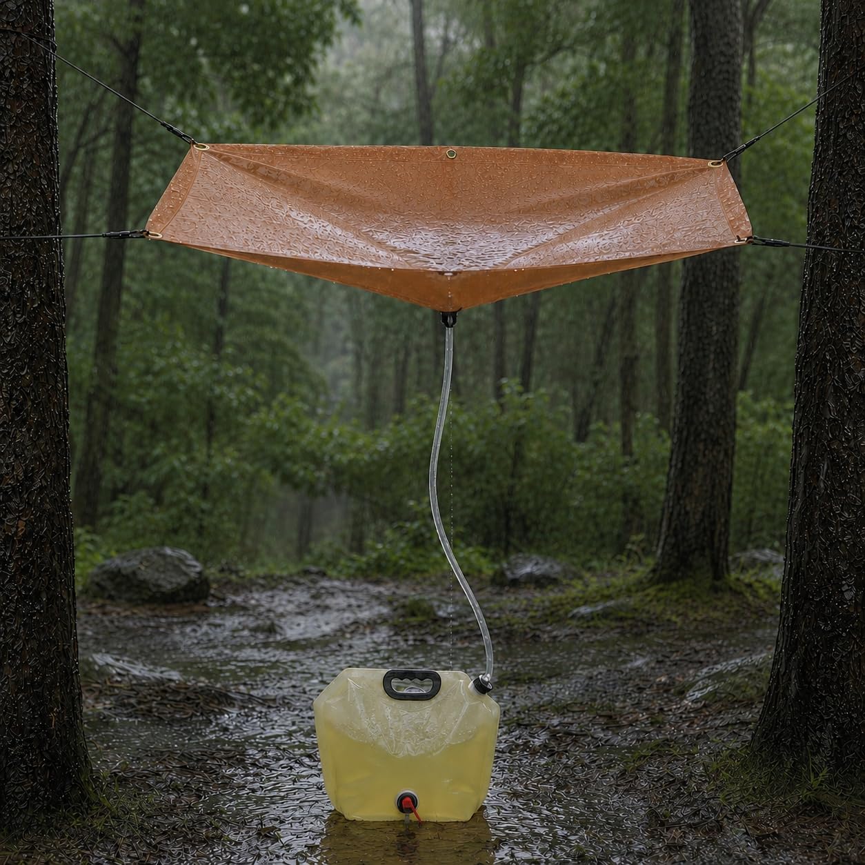 Hanging Rainwater Collection Kit: 5x5FT Waterproof Tarp & 2.2 Gal Foldable Water Tank | Portable Water Catcher Storage System with Hose for Camping, Hiking, Emergency Survival, Off-Grid & Garden Use