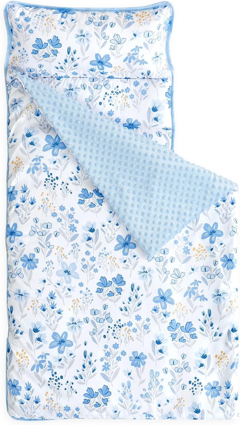 Wake In Cloud - Toddler Nap Mat with Pillow and Minky Fleece Blanket, for Kids Girls Ages 3 Plus in Daycare Preschool Kindergarten, Roll Up Sleeping Bag, Floral Flowers