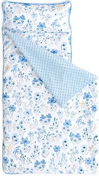 Wake In Cloud - Toddler Nap Mat with Pillow and Minky Fleece Blanket, for Kids Girls Ages 3 Plus in Daycare Preschool Kindergarten, Roll Up Sleeping Bag, Floral Flowers