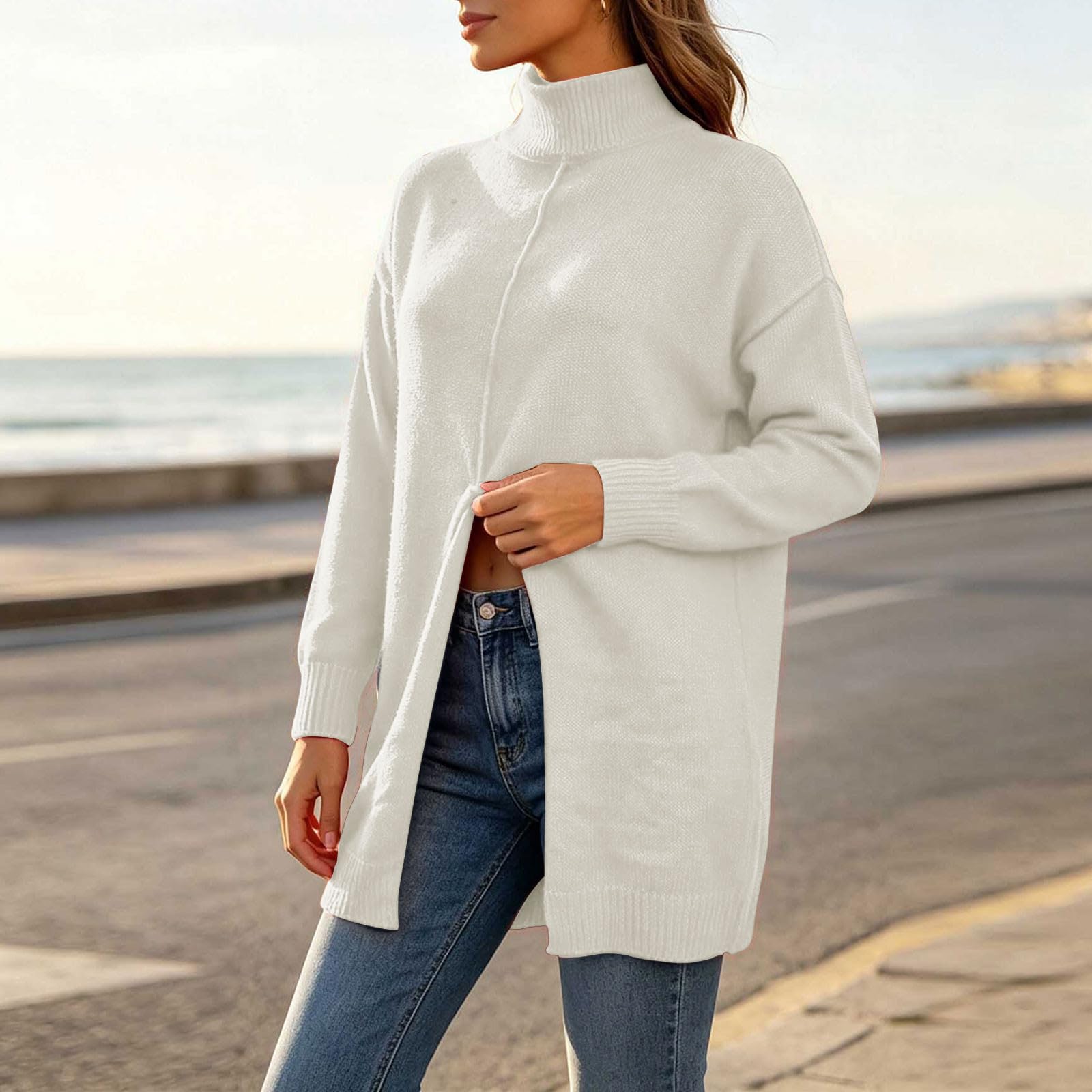 Rollkragenpullover Damen Lang Strickpullover Baumwolle Pullover Oversize