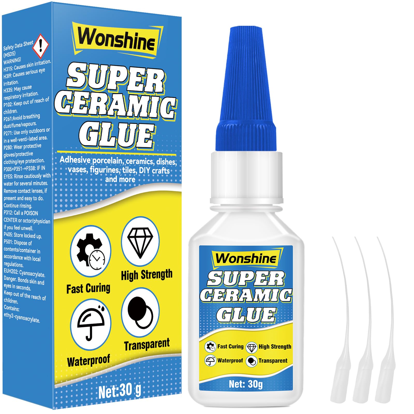 Ceramic Glue 30 g, Clear Ceramic Glue Repair for Pottery, Dishes, Tiles, DIY Crafts and More, with Anti-clog Cap, Waterproof, Heat-Resistant (Clear9, Ceramics Glue)