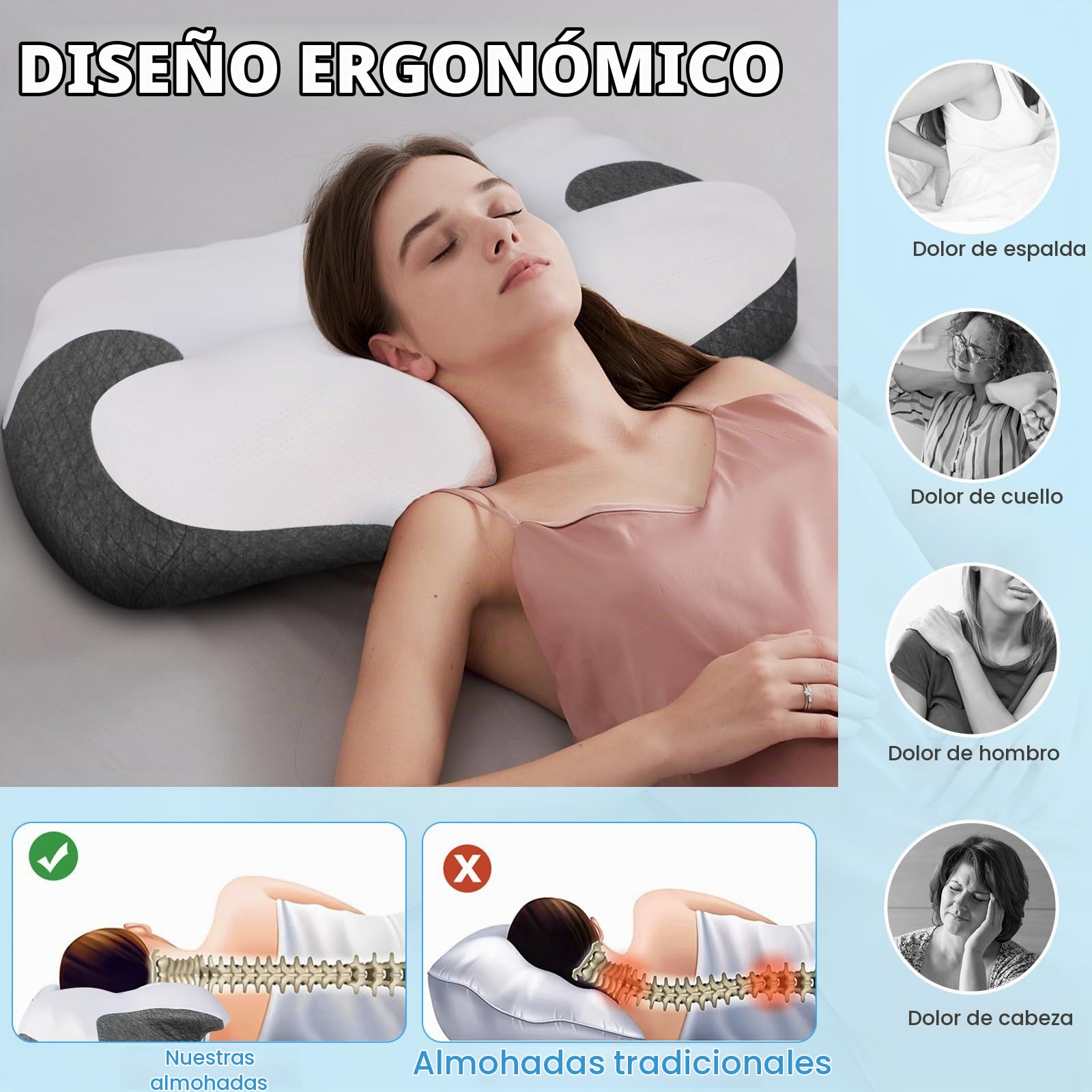 NEWHEY Almohada Cervicales y Cuello Almohada Viscoelástica ergonómica para Dormir de Lado Boca Arriba y Boca Abajo Relaja el Cuello y los Hombros