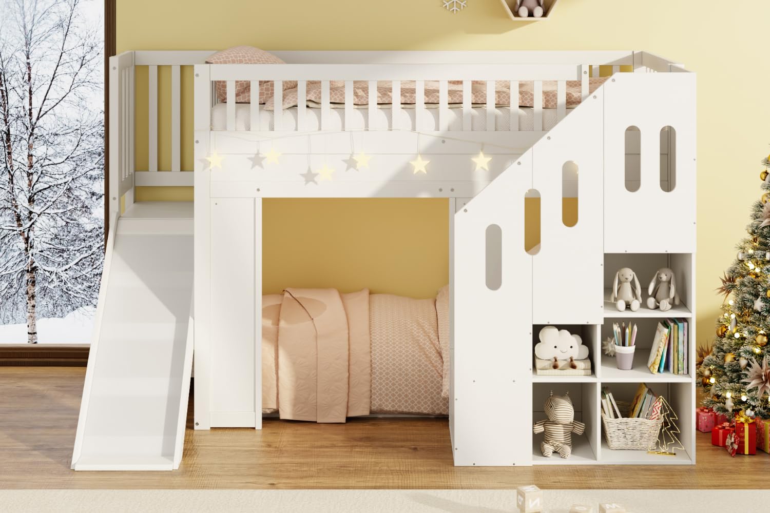Etagenbett,Hochbett, Kinderbett 90x200cm mit Rutsche, Rausfallschutz und Stauraumtreppe, Jugendbett, mit L-E-D-Lichtleiste,Massivholz, weiß