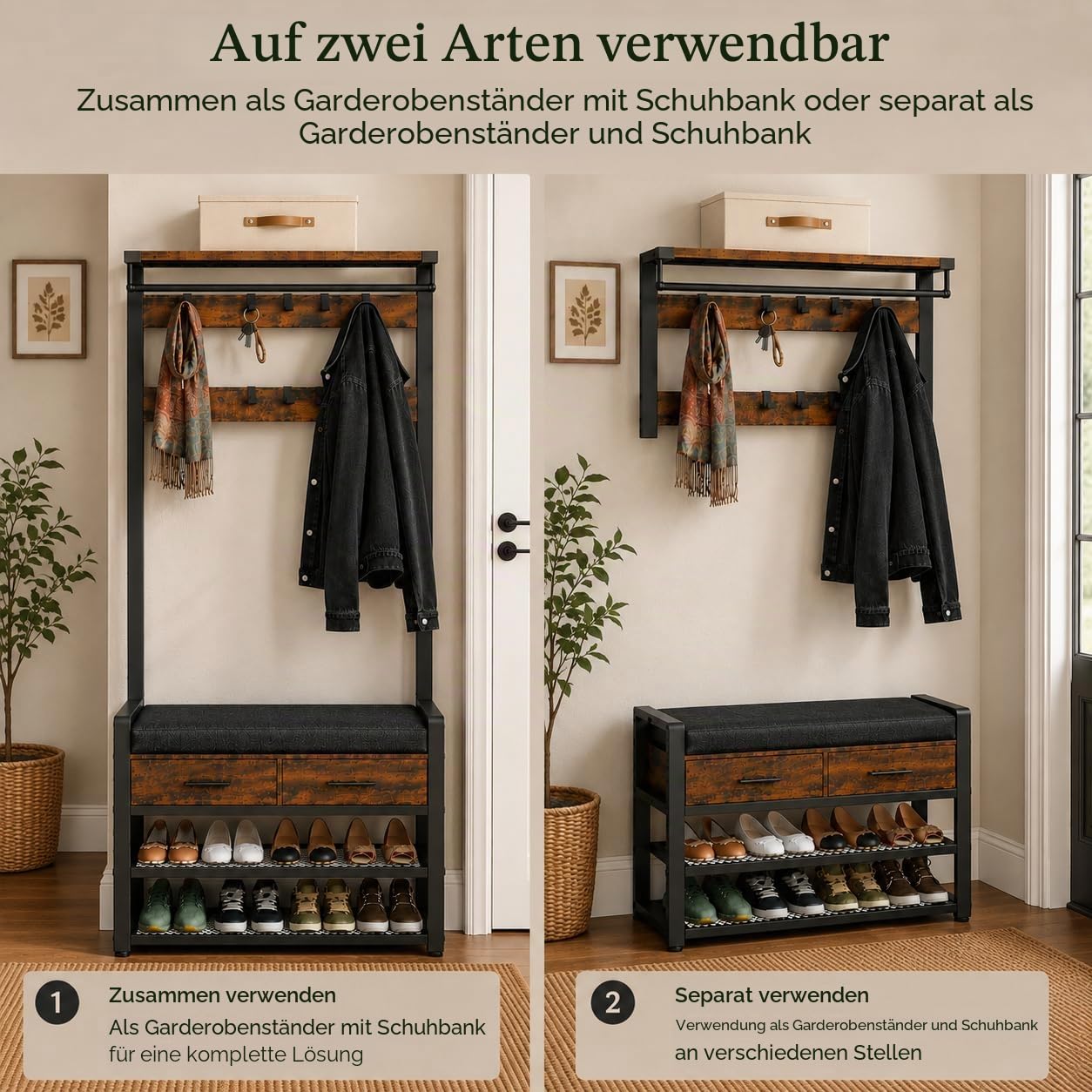Garderobe mit Sitzbank und Schuhregal – mit 2 Schubladen - Garderobenständer mit Kleiderstange, 8 Doppelhaken, 2 Schubladen und Schuhablage – Flurgarderobe mit Sitzfläche 80 x 32 x 181 cm