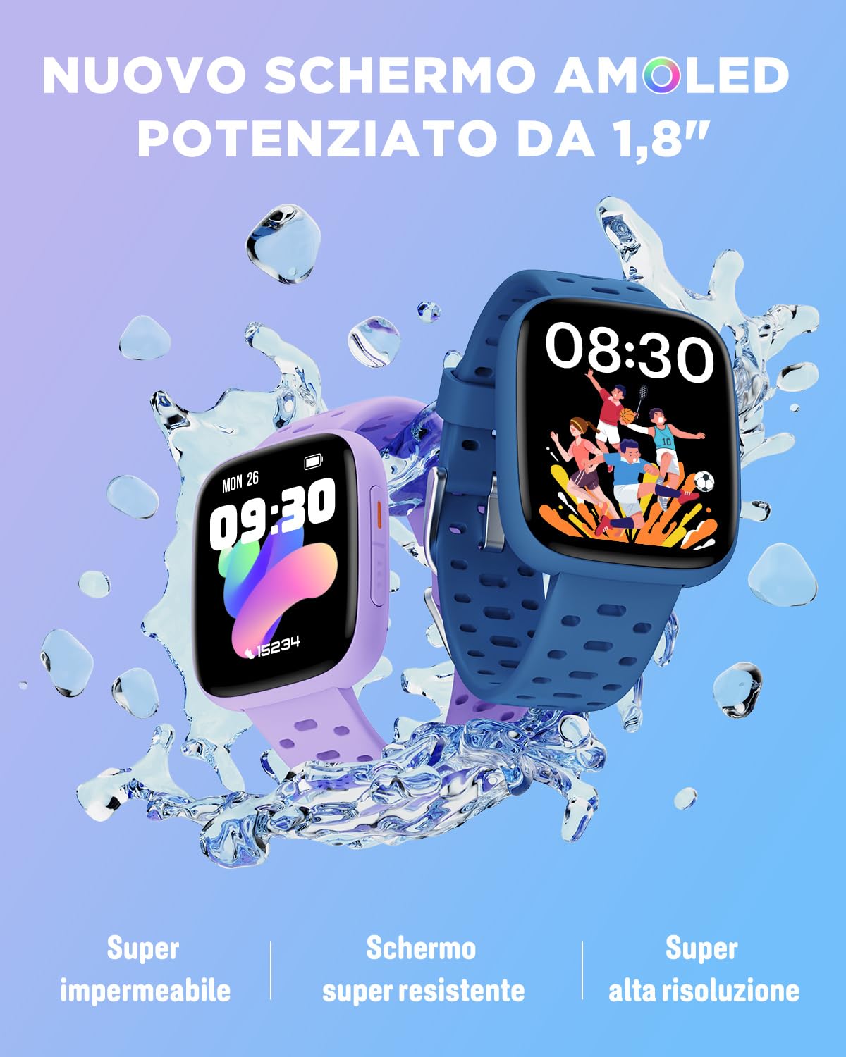 BIGGERFIVE Smartwatch Bambini Bambina Ado 5-16, 1,8" Amoled Fitness Tracker | Orologio Contapassi, Frequenza Cardiaca, Resistente all'Acqua 30m, Monitor del Sonno, Giochi Puzzle con/senza APP, Blu