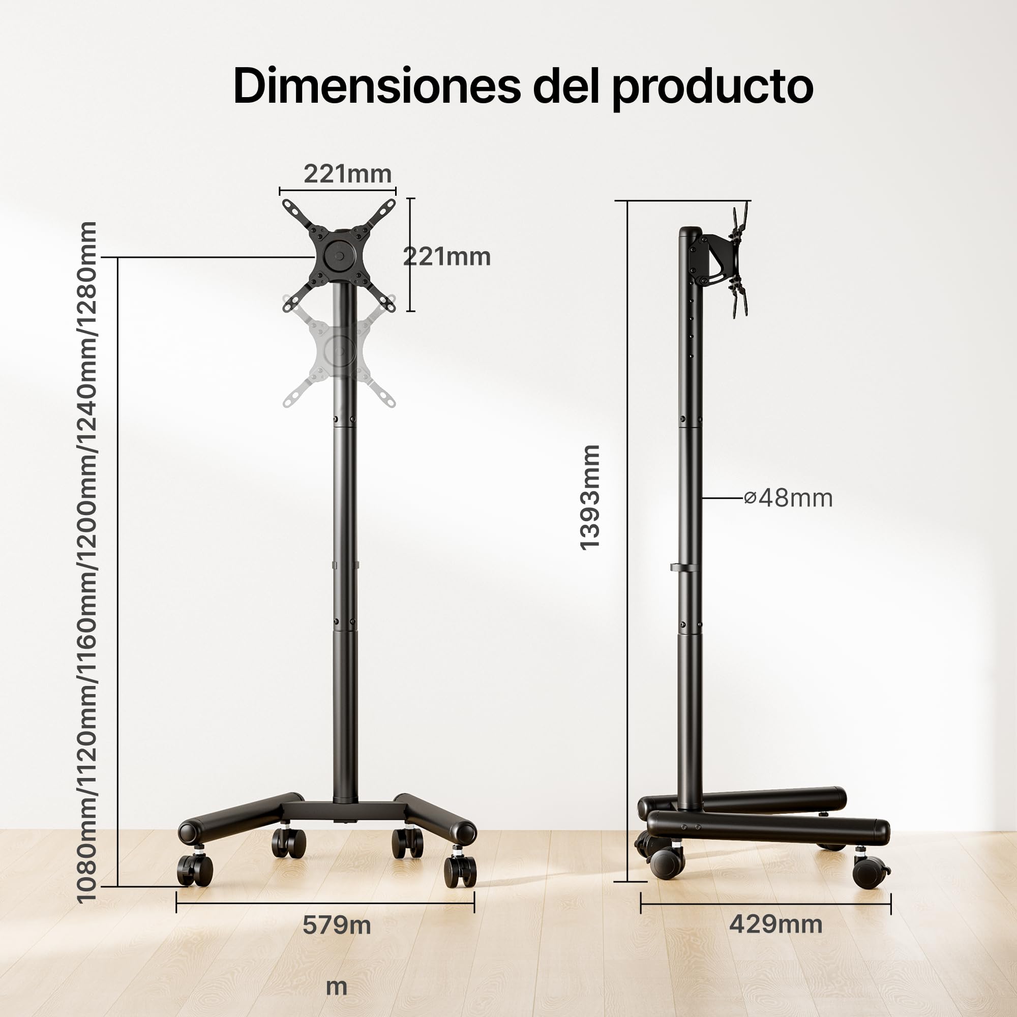 Soporte TV con Ruedas 13-50" | Soporta 25 kg, VESA 200x200, altura ajustable, giro 360° e inclinación, ruedas silenciosas, diseño ahorra espacio