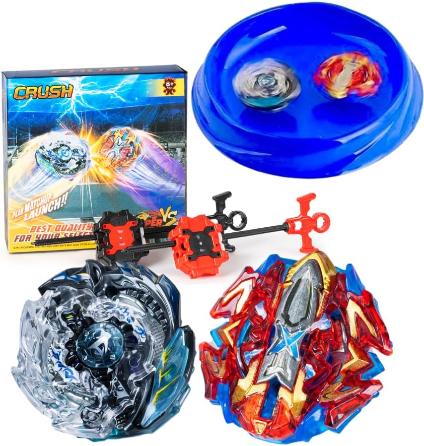 CrushBey Battling Blades Starter Set | 1 Arena, 2 Launchers, 2 Burst Tops (Killer Deathscyther B-85, Doomscizor & Xcalibur)