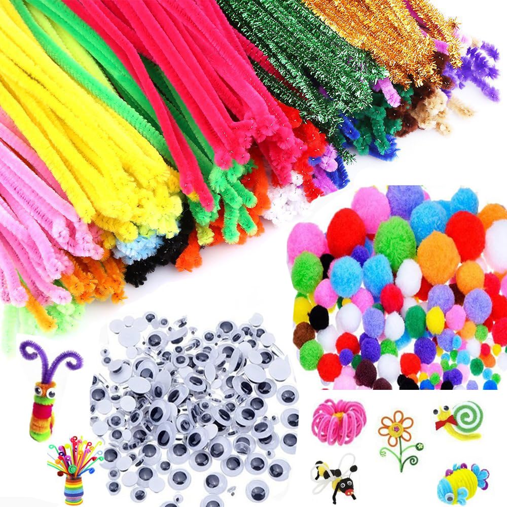 600 Pcs Pipe Cleaners Craft Supplies Set - Pipe Cleaners Set Which Includes 200Pcs Chenille Stems, 150Pcs Self-Sticking Wiggle Googly Eyes and 250Pcs Pompoms for DIY School Art Projects